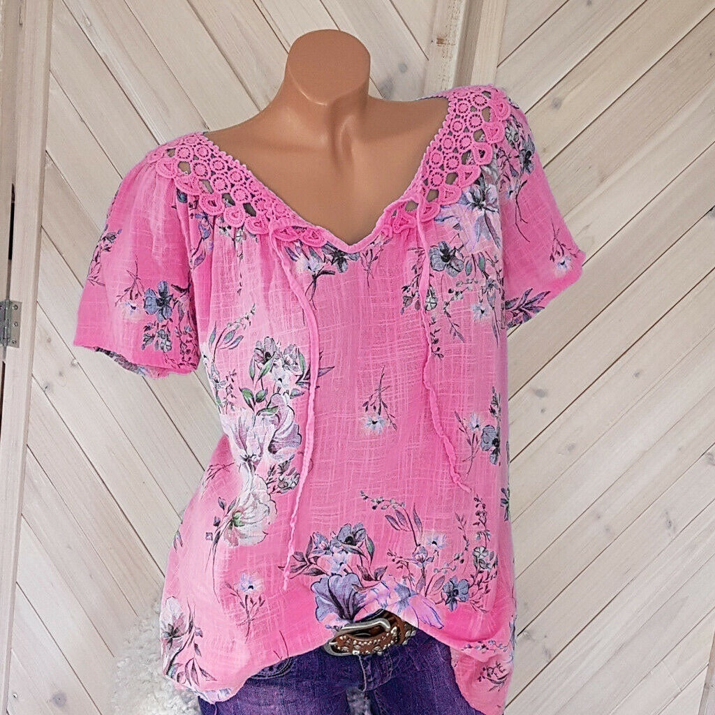 Chemisiers College floraux à lacets pour femmes, manches courtes, chemise en dentelle, t-shirts décontractés, mode estivale MAEJORKEN