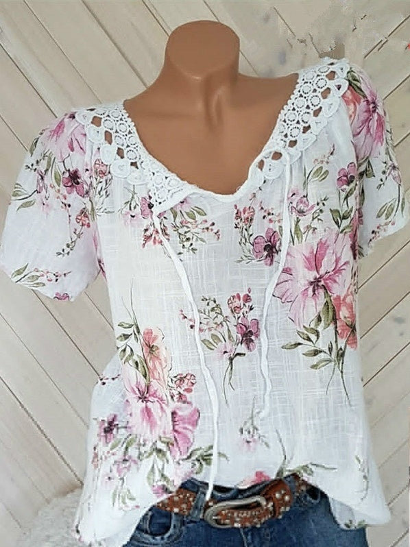 Chemisiers College floraux à lacets pour femmes, manches courtes, chemise en dentelle, t-shirts décontractés, mode estivale MAEJORKEN