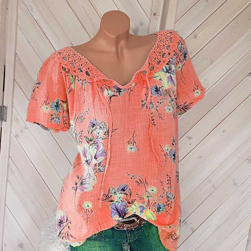 Chemisiers College floraux à lacets pour femmes, manches courtes, chemise en dentelle, t-shirts décontractés, mode estivale MAEJORKEN