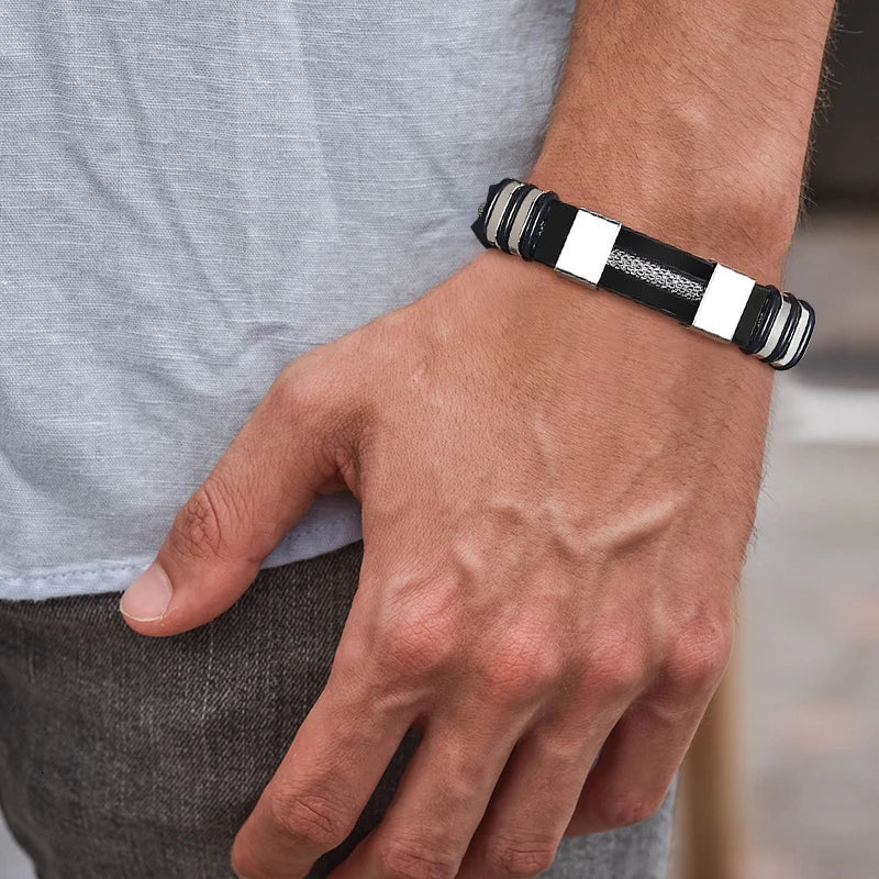 Vnox - Bracelet en acier inoxydable, bracelet pour homme, bracelet punk à maillons en silicone rainuré noir, bracelet punk élégant et décontracté MAEJORKEN