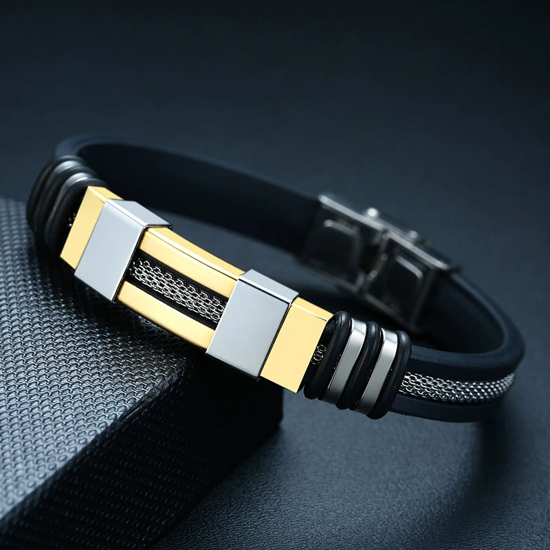 Vnox - Bracelet en acier inoxydable, bracelet pour homme, bracelet punk à maillons en silicone rainuré noir, bracelet punk élégant et décontracté MAEJORKEN
