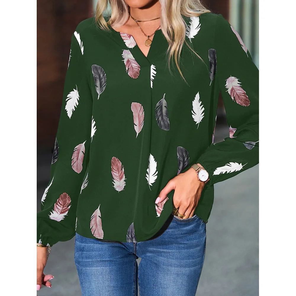 Chemisier femmes haut élégant à manches longues motif de plumes élégant en mousseline de soie du S au 3XL MAEJORKEN