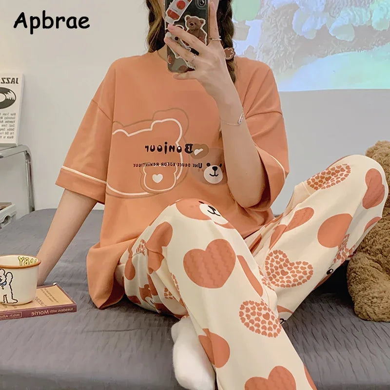 Pyjama doux en coton à manches courtes et pantalon imprimé du M au 3XL