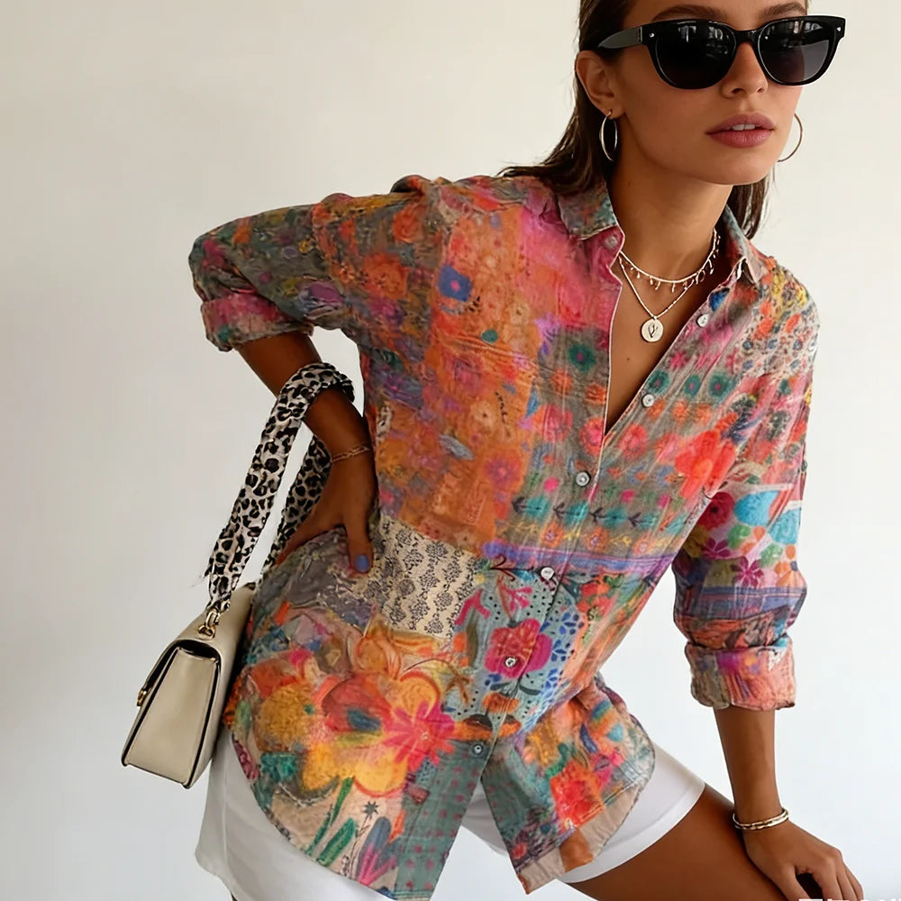 Cette chemise à manches longues de style bohème rétro avec motifs floraux colorés est tendance, polyvalente et accrocheuse. MAEJORKEN