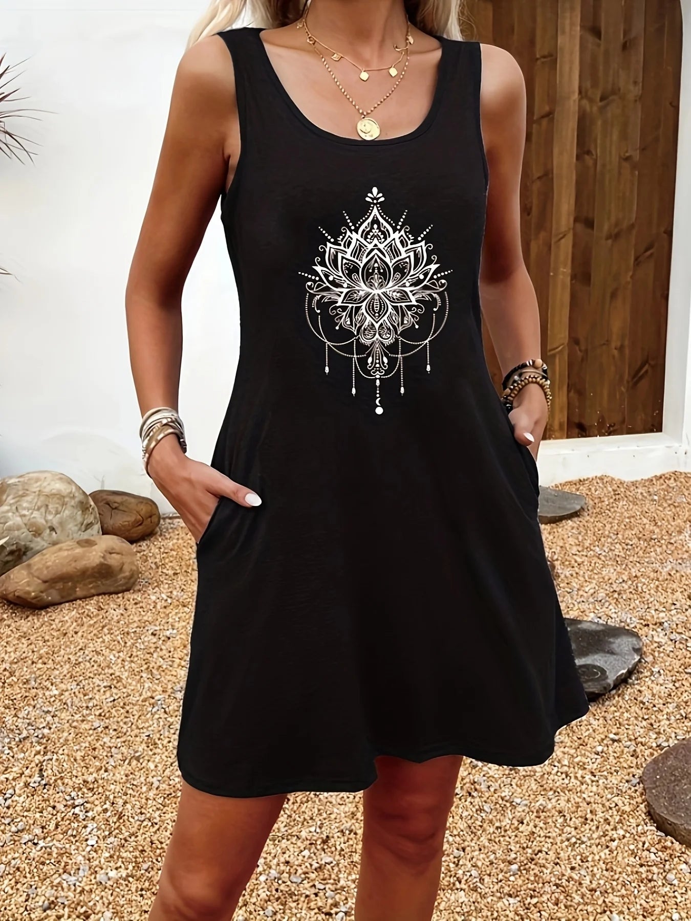 Robe d'été ample et confortable pour femmes, décontractée, motif soleil et lune imprimé, noir, gilet sans manches, jupe, style punk MAEJORKEN