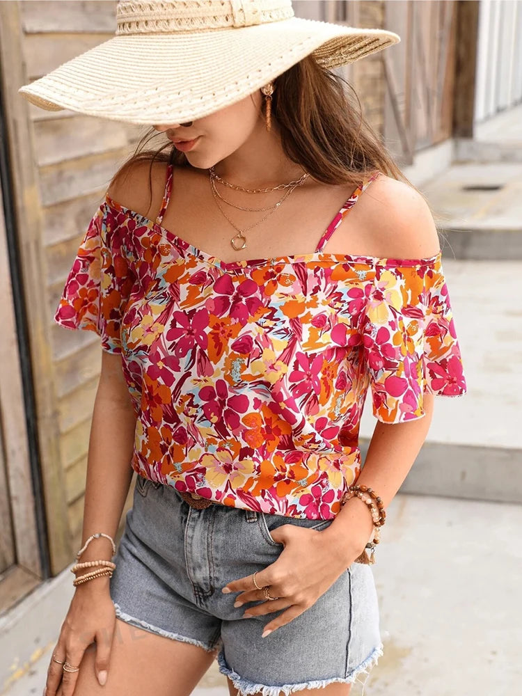 Haut Cami pour femme à imprimé floral, bretelles spaghetti, épaules dénudées, manches courtes, style bohème décontracté pour le printemps, l'été, la plage et les vacances MAEJORKEN