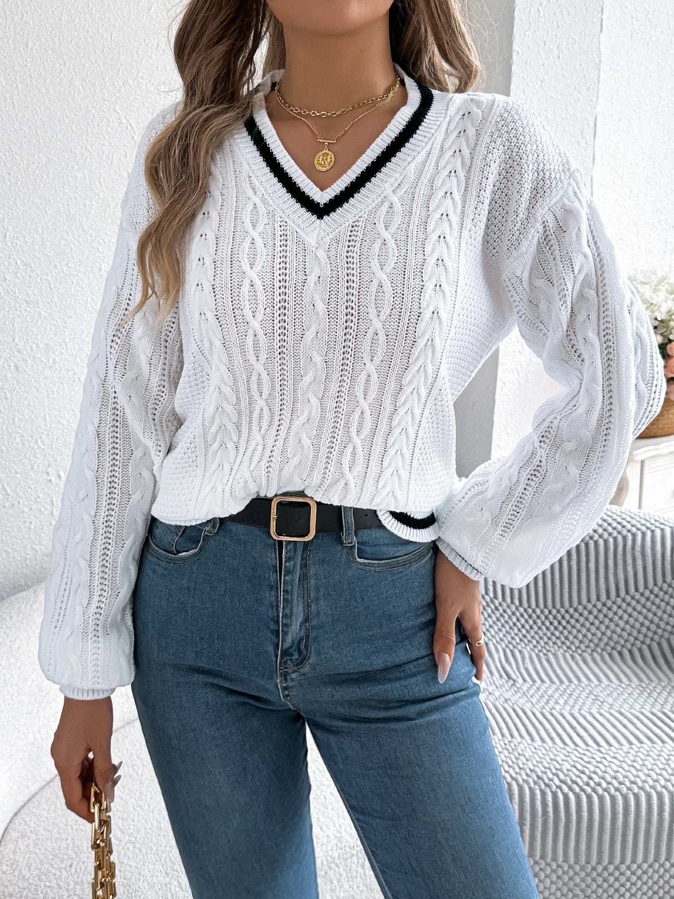 Pull en tricot torsadé à col en V pour femme, bloc de couleur, manches longues, ample, décontracté, tricoté MAEJORKEN