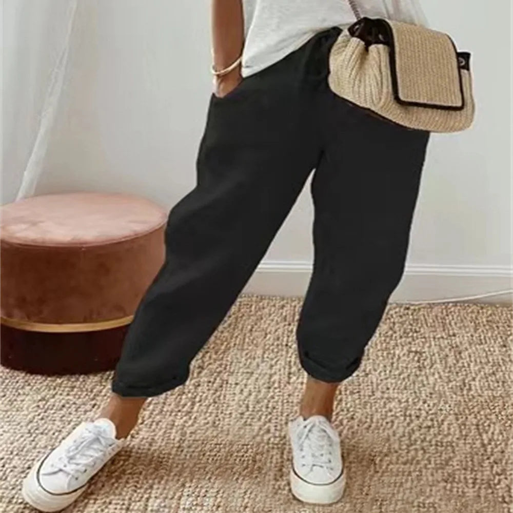 Pantalon mi-long en coton pour femmes, ligne à volants, Vintage, grande, grande taille, grande taille, décontracté, mode fête, bande ample, poche, été, printemps MAEJORKEN