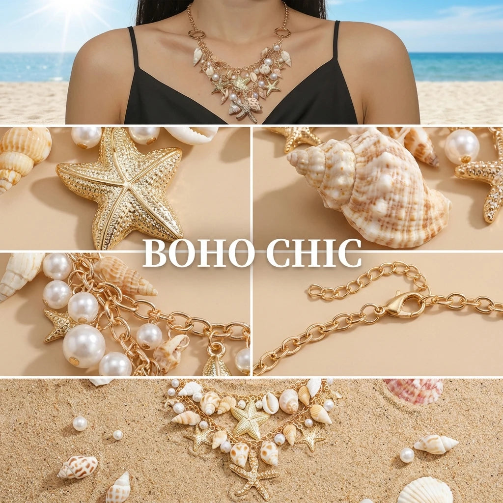 Collier pendentif étoile de mer exagéré pour femmes, coquillage, imitation perle, bracelets chaîne, bijoux de plage d'été, cadeau de vacances MAEJORKEN