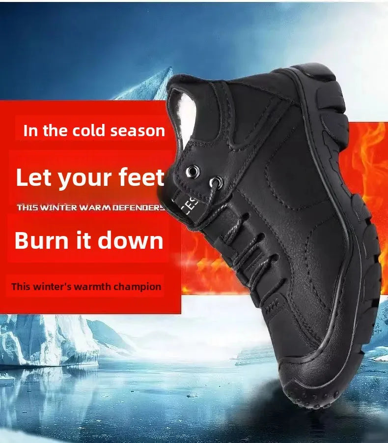 Chaussures d'hiver en cuir imperméable épais pour hommes, doublure polaire, montantes en coton, bottes de neige pour Sports de plein air, semelle extérieure en caoutchouc MAEJORKEN