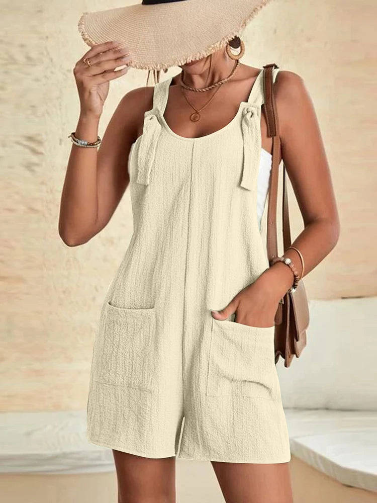 Femmes été décontracté barboteuses courtes élégant solide sans manches cravate noeud sangle combinaisons Vintage Harajuku salopette ample avec poches MAEJORKEN