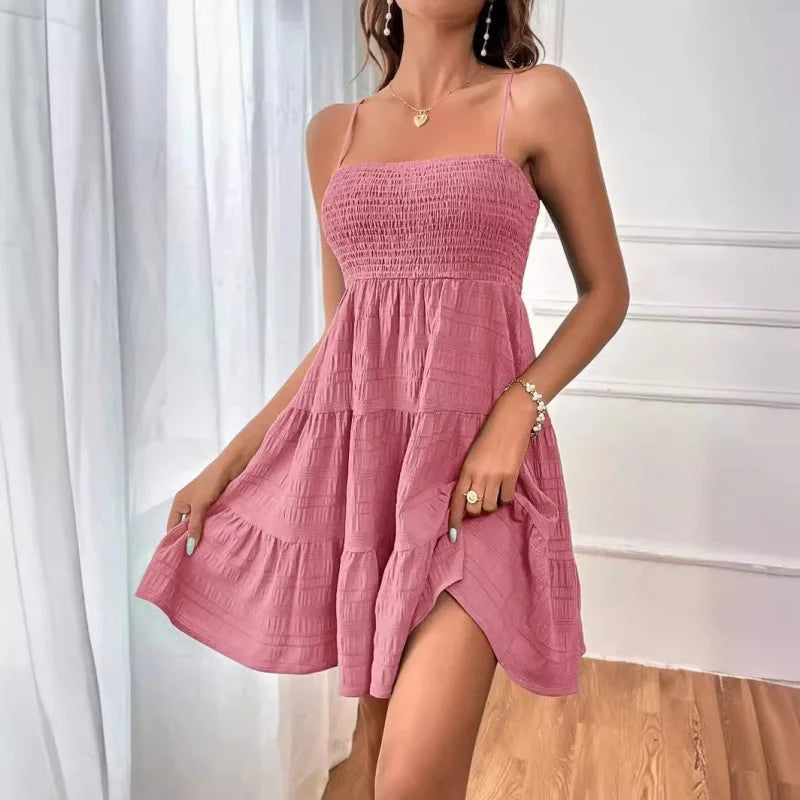 Mode femme Spaghetti sangle smocké Bustier Mini robe bleu à volants à plusieurs niveaux robe trapèze été décontracté vacances vêtements de plage du S au 2XL MAEJORKEN