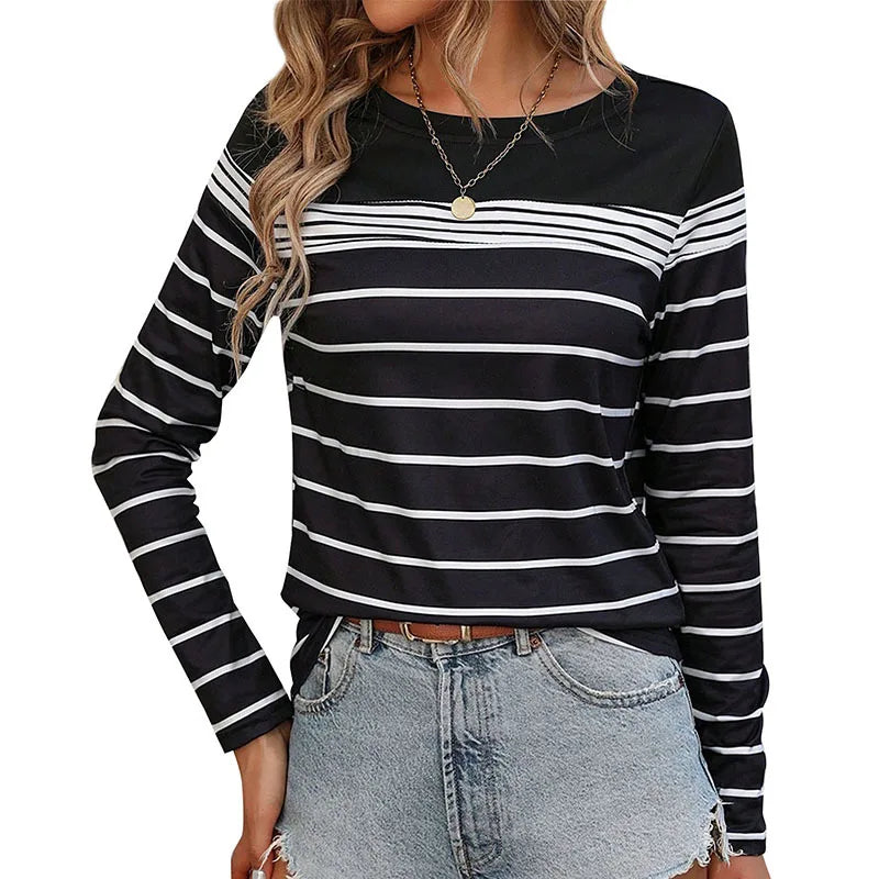 T-shirt Rayé à Manches sulfpour Femme, Décontracté, Européen et Américain, Automne 2024 MAEJORKEN