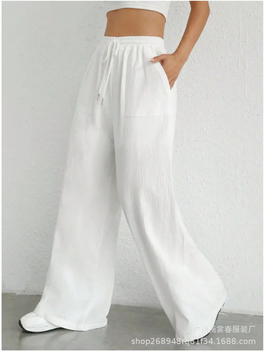 Pantalon décontracté à jambes larges couleur unie du S au XL
