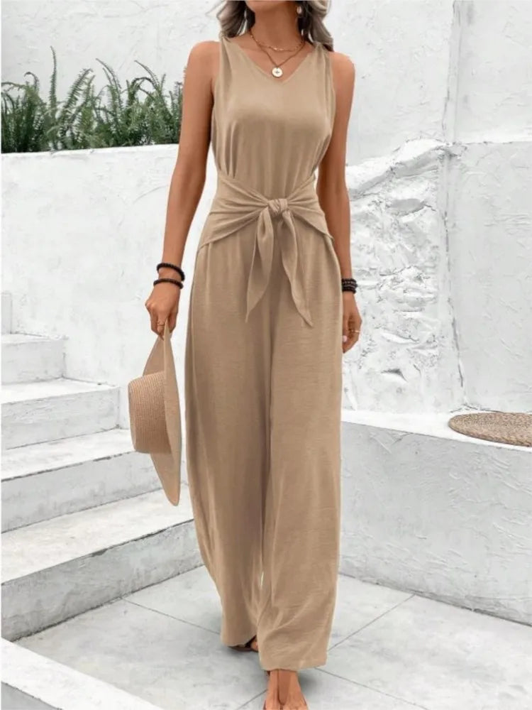Mode solide combinaison pour femmes décontracté sans manches col en V à lacets pantalons à jambes larges combinaisons dame vacances d'été vêtements pour femmes MAEJORKEN