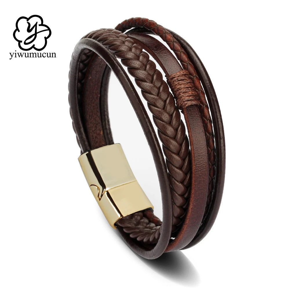 Bracelets en cuir tendance pour hommes, en acier inoxydable, corde tressée multicouche de 21CM, bijoux cadeaux MAEJORKEN