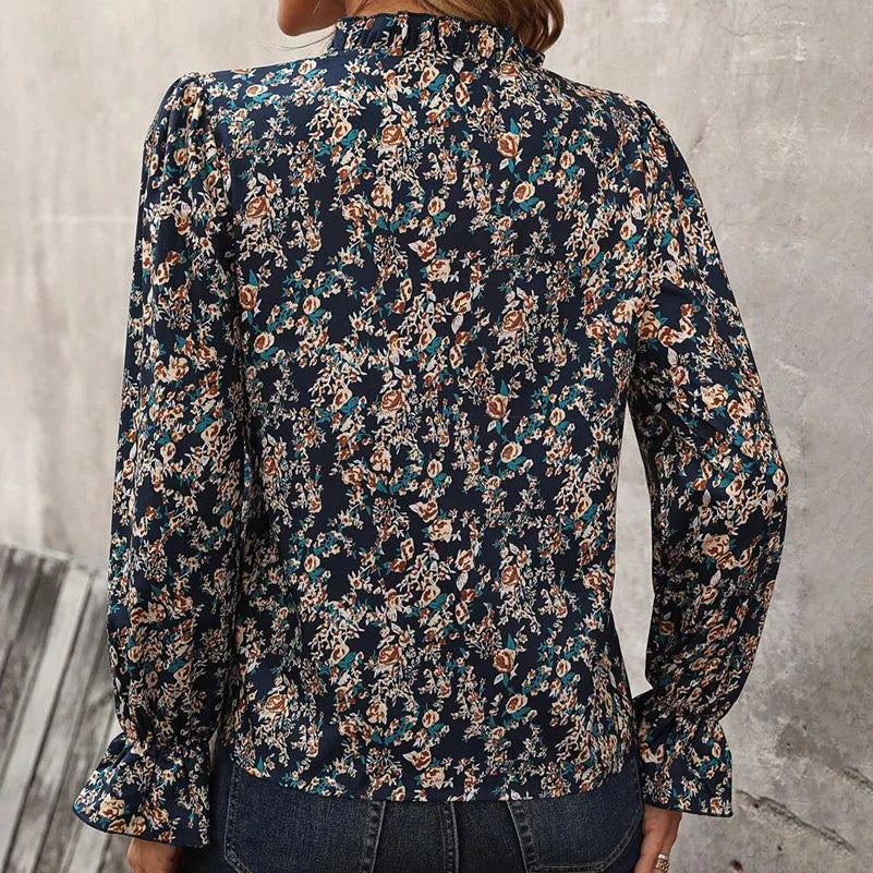 Chemise grande taille pour femmes, col en v imprimé floral avec décoration à lacets, haut de vacances décontracté à manches longues, ample et confortable MAEJORKEN