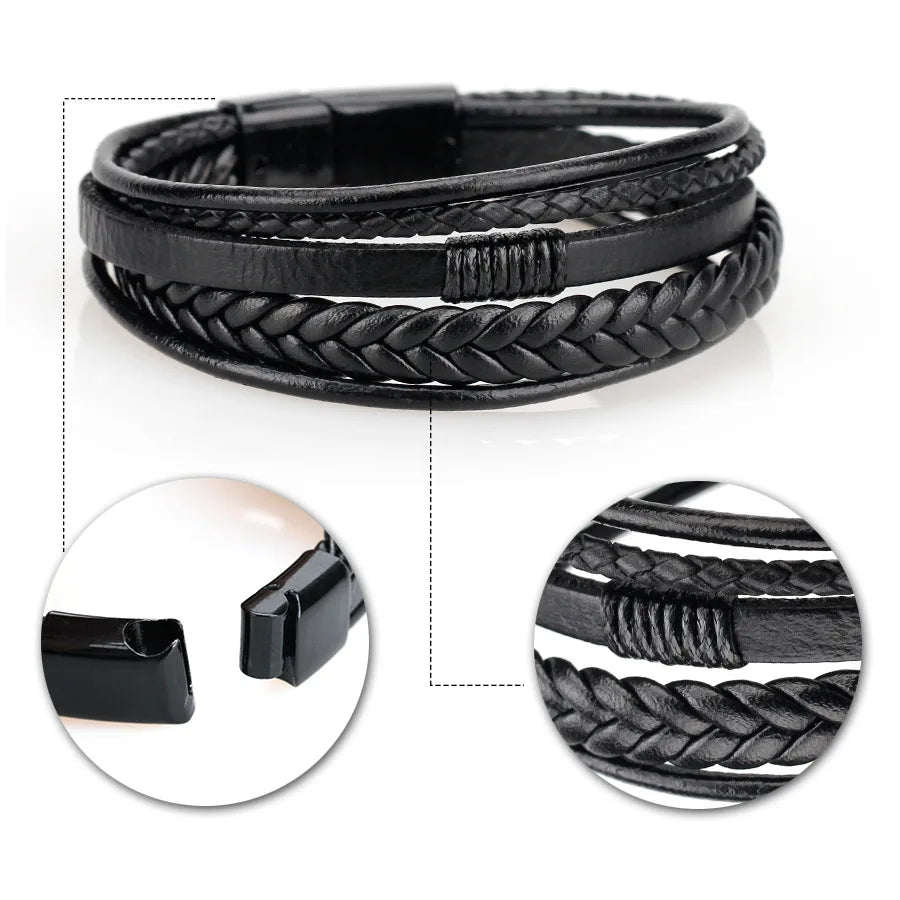 Bracelets en cuir tendance pour hommes, en acier inoxydable, corde tressée multicouche de 21CM, bijoux cadeaux MAEJORKEN