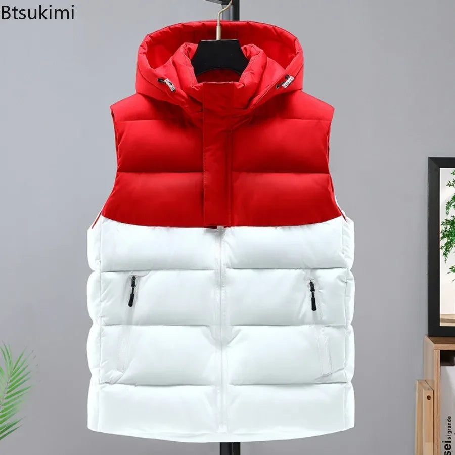 2025 hommes hiver épaissir vers le bas coton gilet épissure sans manches Parka veste décontracté coupe-vent chaud gilet hommes fermeture éclair vêtements d'extérieur à capuche MAEJORKEN