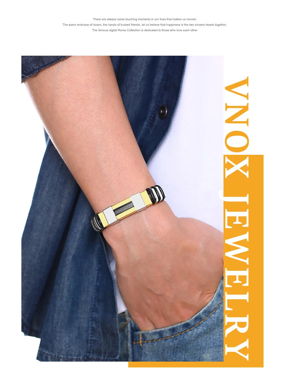 Vnox - Bracelet en acier inoxydable, bracelet pour homme, bracelet punk à maillons en silicone rainuré noir, bracelet punk élégant et décontracté MAEJORKEN