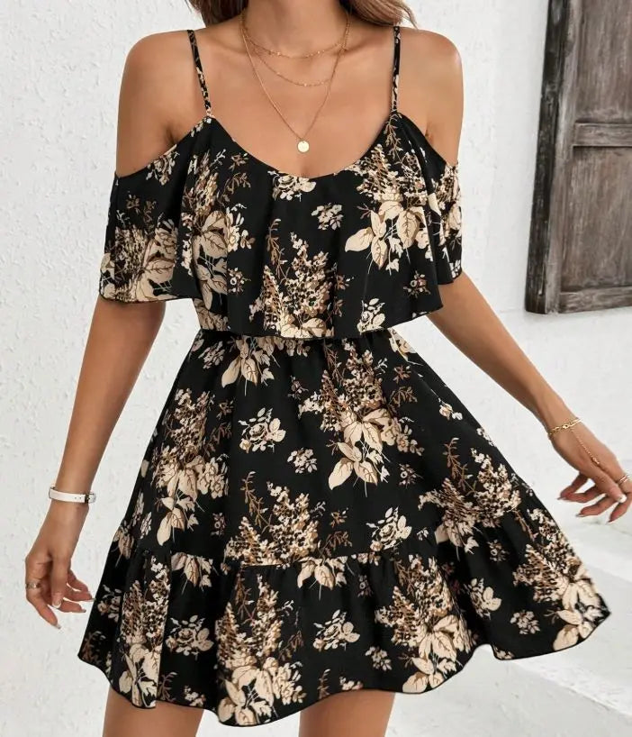 Mini robe imprimée élégante à col licou pour femmes, jupe plissée à taille avec nœud, manches courtes, col en v, à la mode MAEJORKEN