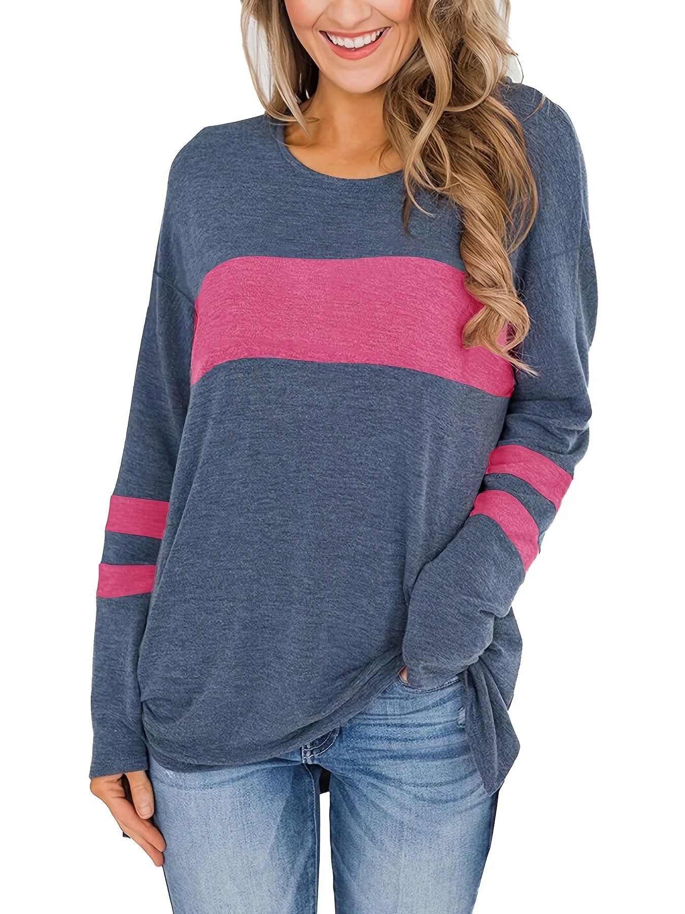 T-shirt tunique imprimé à rayures color block grande taille pour femme avec manches longues et légèrement extensible - Décontracté et confortable MAEJORKEN