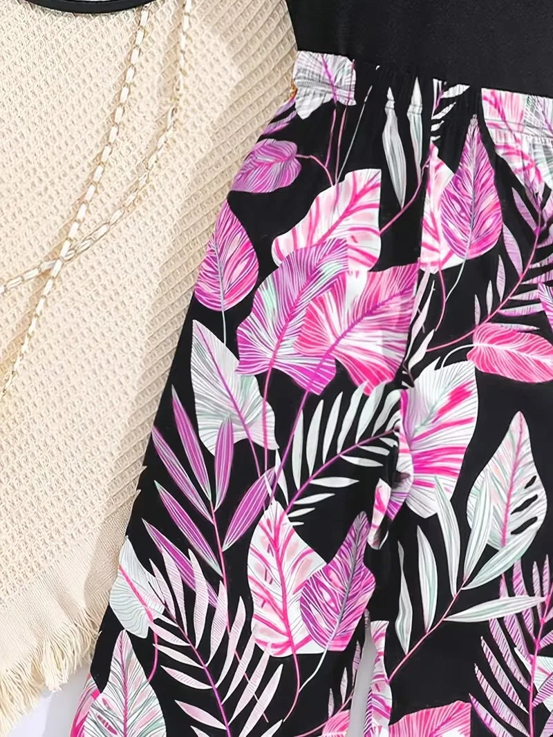Combinaison tropicale pour filles – Haut noir sans manches avec pantalon à jambes larges à imprimé feuilles roses pour l'été MAEJORKEN