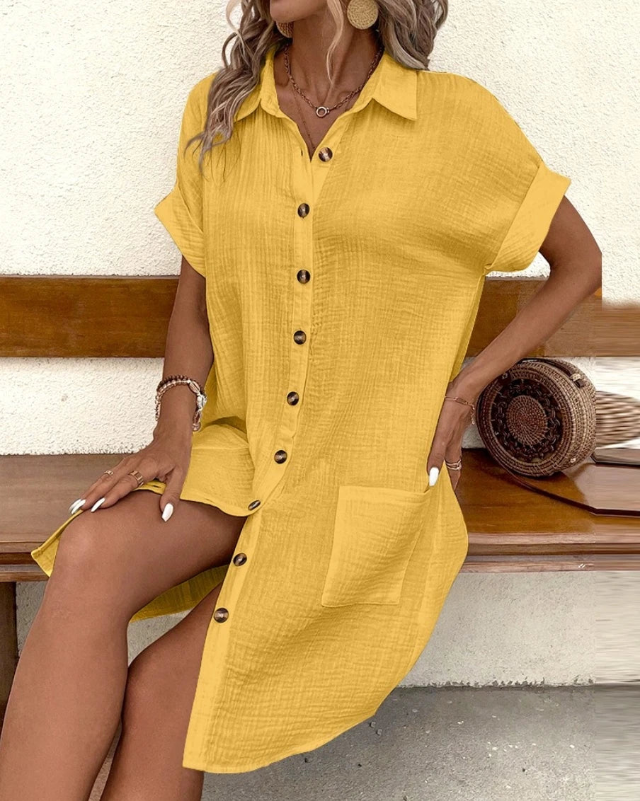 Mini robe Vintage en coton et lin pour femmes, couleur unie, mode d'été, col en v, manches trois quarts, décontractée, vacances MAEJORKEN