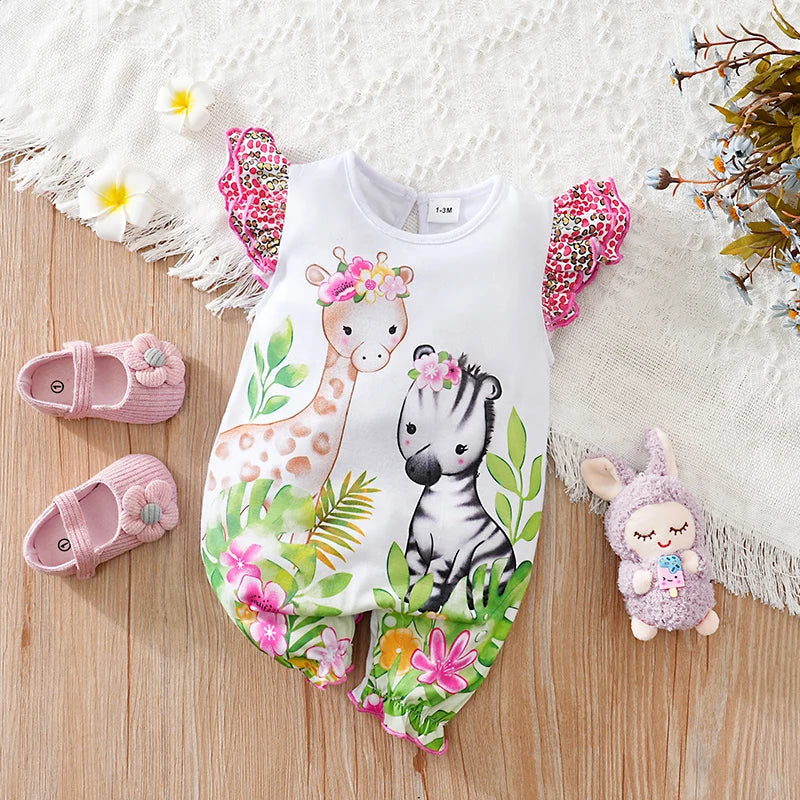 Vêtements pour nouveau-nés, imprimé cerf tacheté de dessin animé, confortable et doux, combinaison d'été à manches volantes pour bébé fille MAEJORKEN