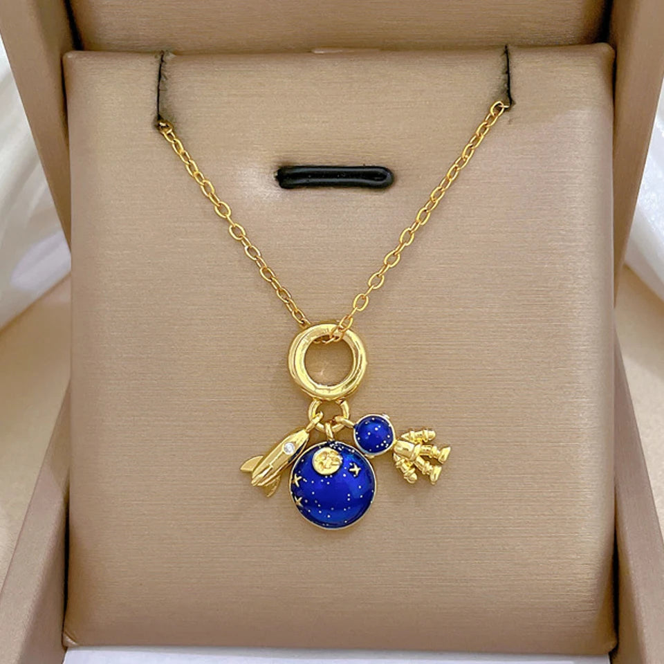 Collier de la série Star Series en acier au titane pour femme, pendentif planète lune et astronome, colliers de la présidence, cadeaux de bijoux, document doré, luxe abordable MAEJORKEN