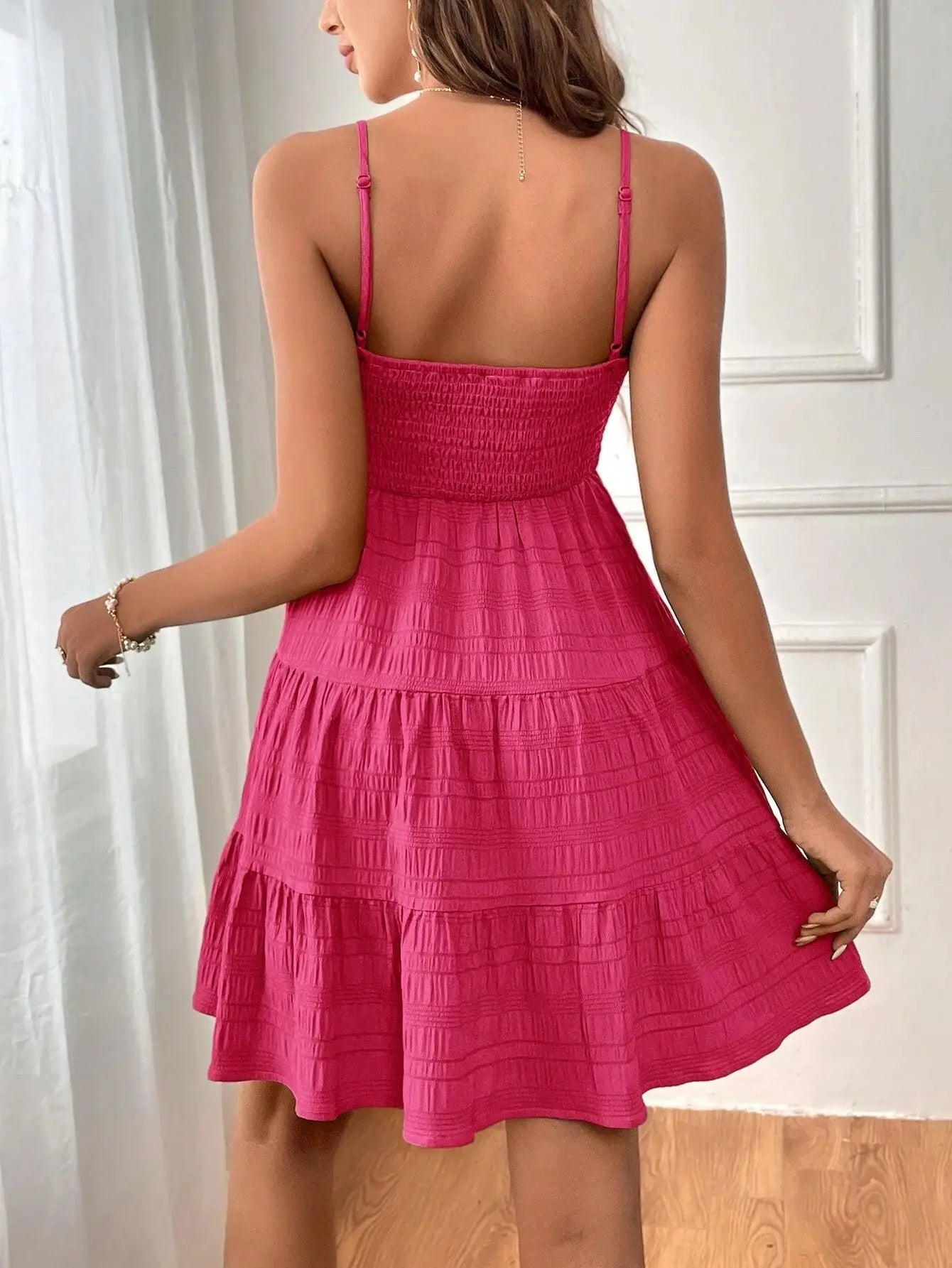 Mode femme Spaghetti sangle smocké Bustier Mini robe bleu à volants à plusieurs niveaux robe trapèze été décontracté vacances vêtements de plage du S au 2XL MAEJORKEN