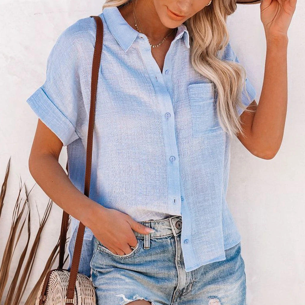 Hauts d'été élégants en coton et lin pour femmes, manches courtes, revers boutonné, chemise de couleur unie avec une poche décontractée MAEJORKEN
