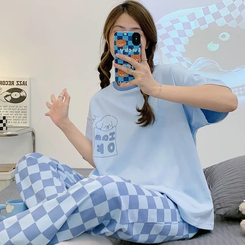 Pyjama doux en coton à manches courtes et pantalon imprimé du M au 3XL