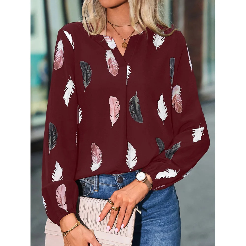 Mode femme Blouse chemises pour femmes haut élégant à manches longues motif de plumes femmes hauts élégant en mousseline de soie Mujer femme vêtements MAEJORKEN