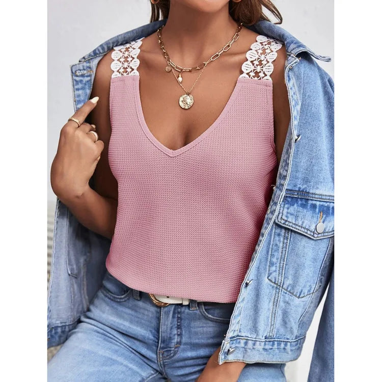 2025 été nouveau débardeur pour femmes couleur unie décontracté dentelle carreaux Patchwork gilet t-shirts hauts MAEJORKEN