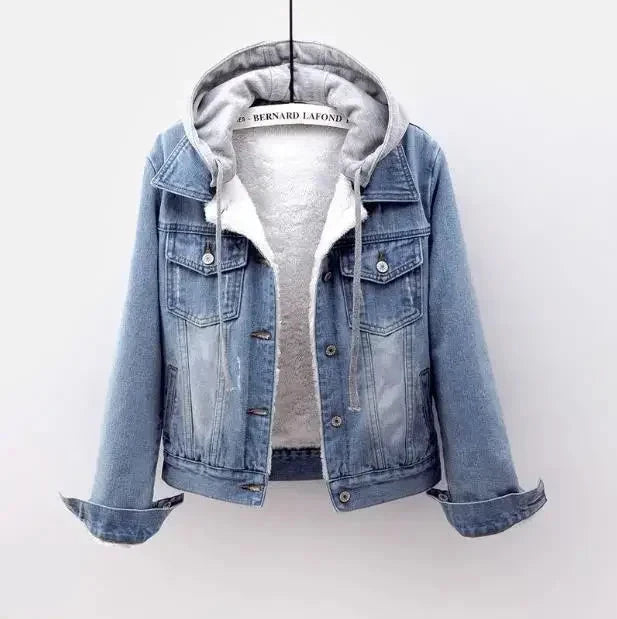 Femmes Denim manteau à capuche simple boutonnage bouton vestes à capuche Patchwork vêtements d'extérieur Cardigan poches solides Streetwear chaud MAEJORKEN