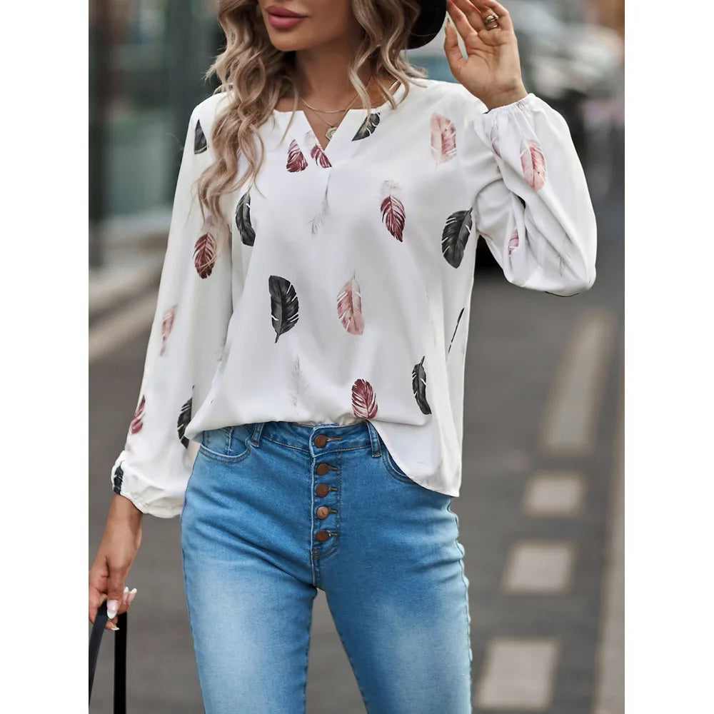 Mode femme Blouse chemises pour femmes haut élégant à manches longues motif de plumes femmes hauts élégant en mousseline de soie Mujer femme vêtements MAEJORKEN