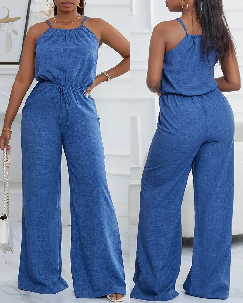 Combinaison décontractée bleue pour femmes, bretelles spaghetti, ceinture à nouer à la taille, idéale pour un usage quotidien, les sorties shopping et les moments de détente à la mode MAEJORKEN