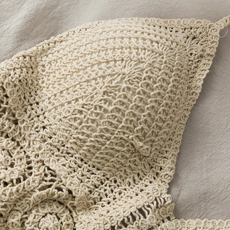 Soutien gorges de maillot de bain de plage sexy pour femmes, dos nu, col licou, crochet, tricot,  glaçure creuse, pompon, haut précieux MAEJORKEN