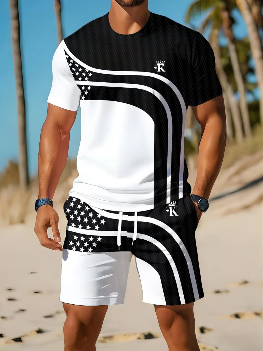 Nouvel Arrivage Été 2026 – Ensemble Décontracté Homme Deux Pièces : Chemise Rayée Imprimée 3D à Manches Courtes et Short de Sport – Ensemble de Fitness pour Homme MAEJORKEN