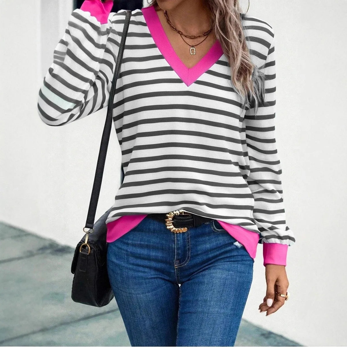 Nouvelle Collection Automne 2026 – T-shirt Femme Décontracté et Confortable à Rayures Colorées, Col en V, Manches Longues MAEJORKEN