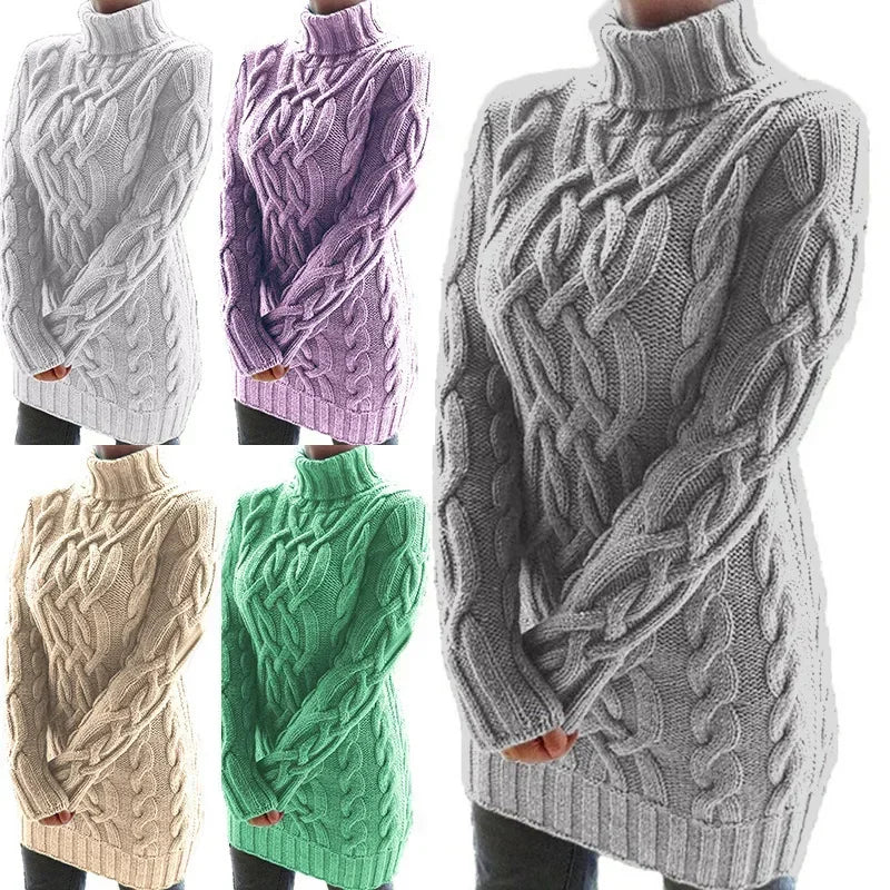 Robe pull longue à col haut pour femme, pull tricoté, couleur unie, épais, Mini, mode hiver automne 2024 MAEJORKEN