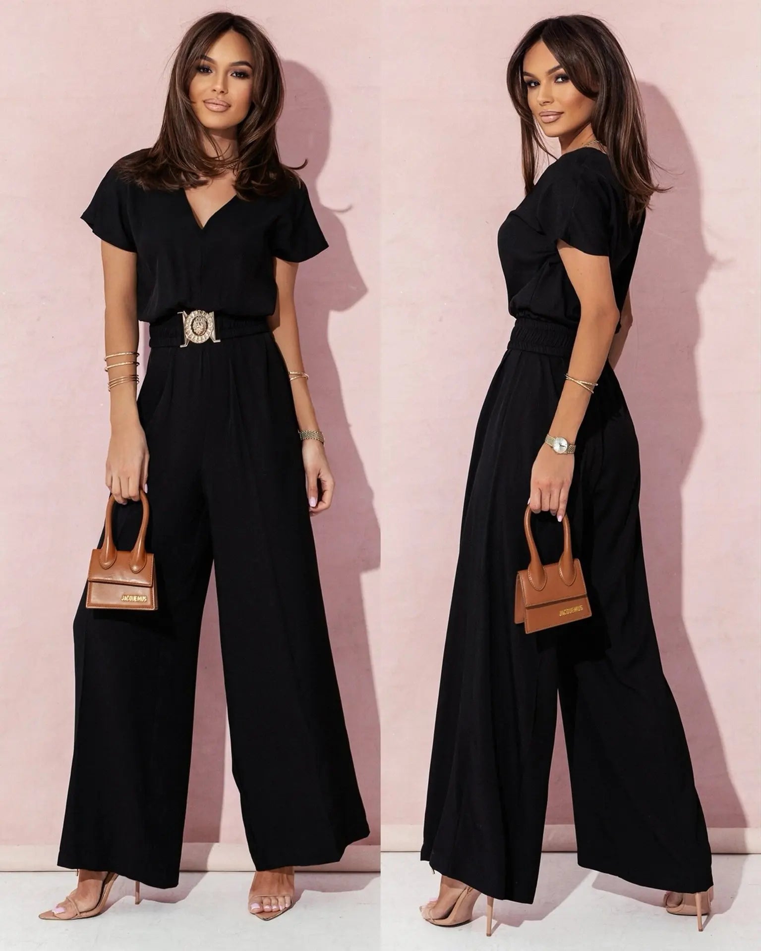 Mode col en v manches courtes taille haute combinaison femmes 2024 été solide jambe large élégant barboteuse Vintage combinaisons salopette femmes MAEJORKEN