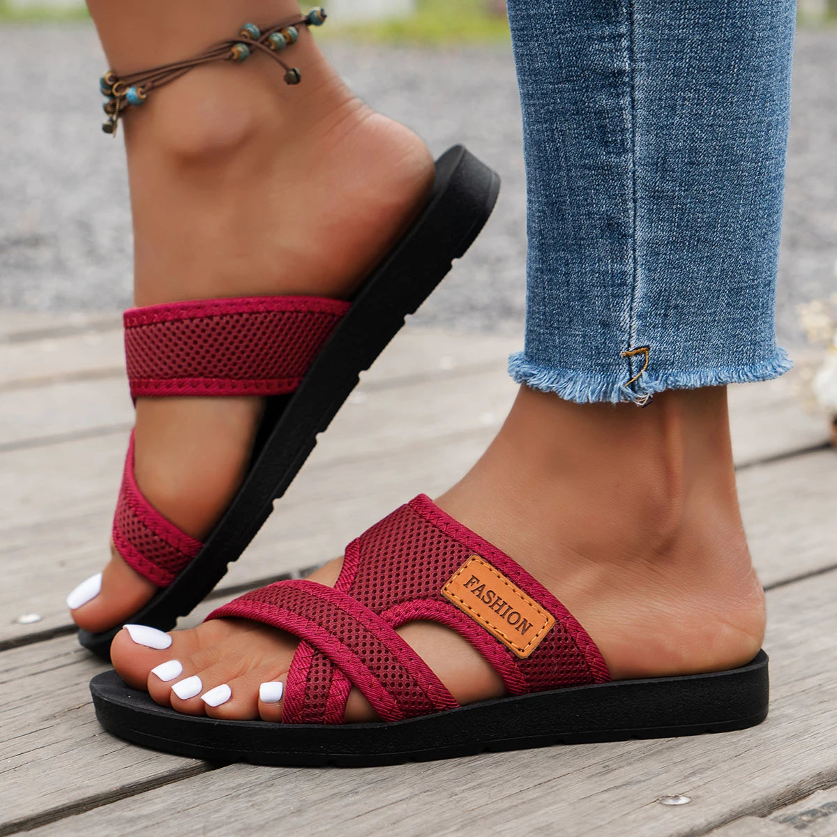 Sandales pour femmes de style sportif, à la mode et polyvalentes, en tissu maillé, respirantes, confortables, respectueuses de la peau, adaptées à un usage intérieur et extérieur, sandales plates MAEJORKEN