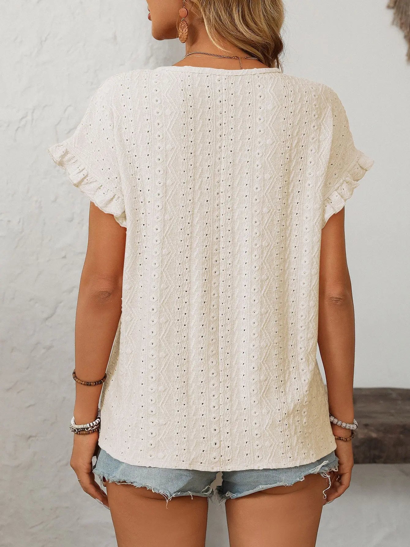 T-shirt à manches courtes et col rond pour femme, couleur unie, doux, ajouré du S au 2XL