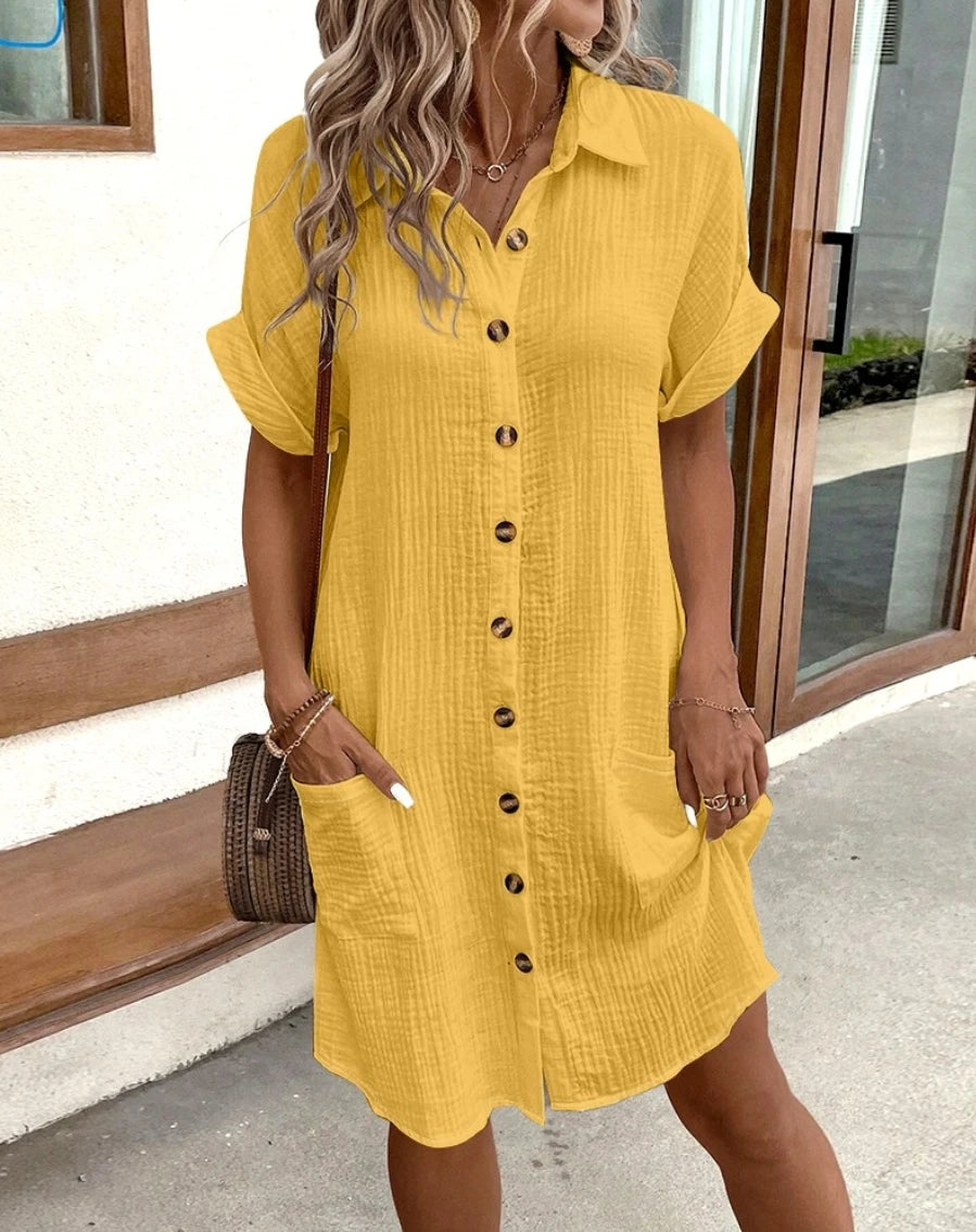 Mini robe Vintage en coton et lin couleur unie du S au 2XL