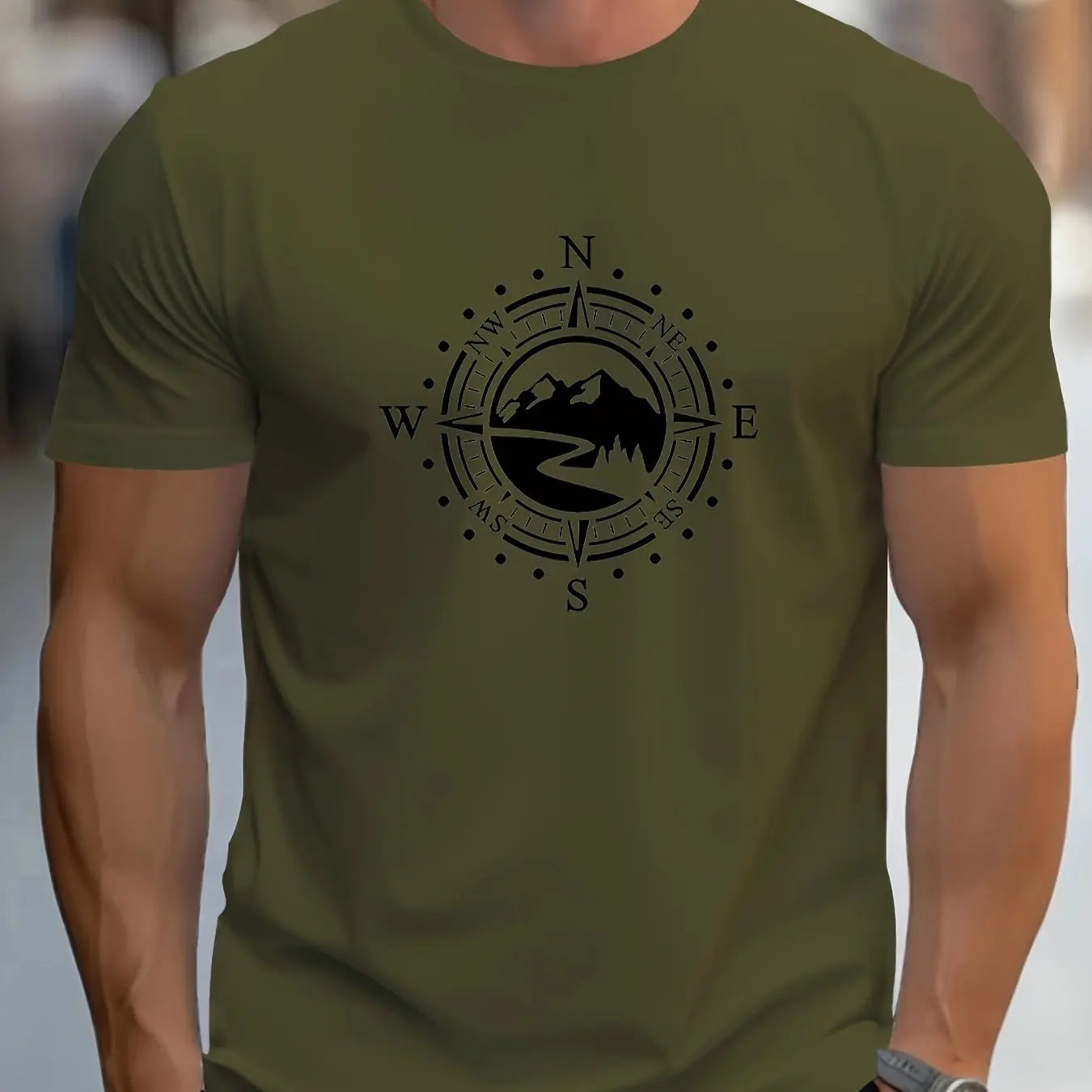 T-shirt manches courtes col rond pour hommes, décontracté, ample, grand motif de boussole imprimé, sport, confortable, été MAEJORKEN