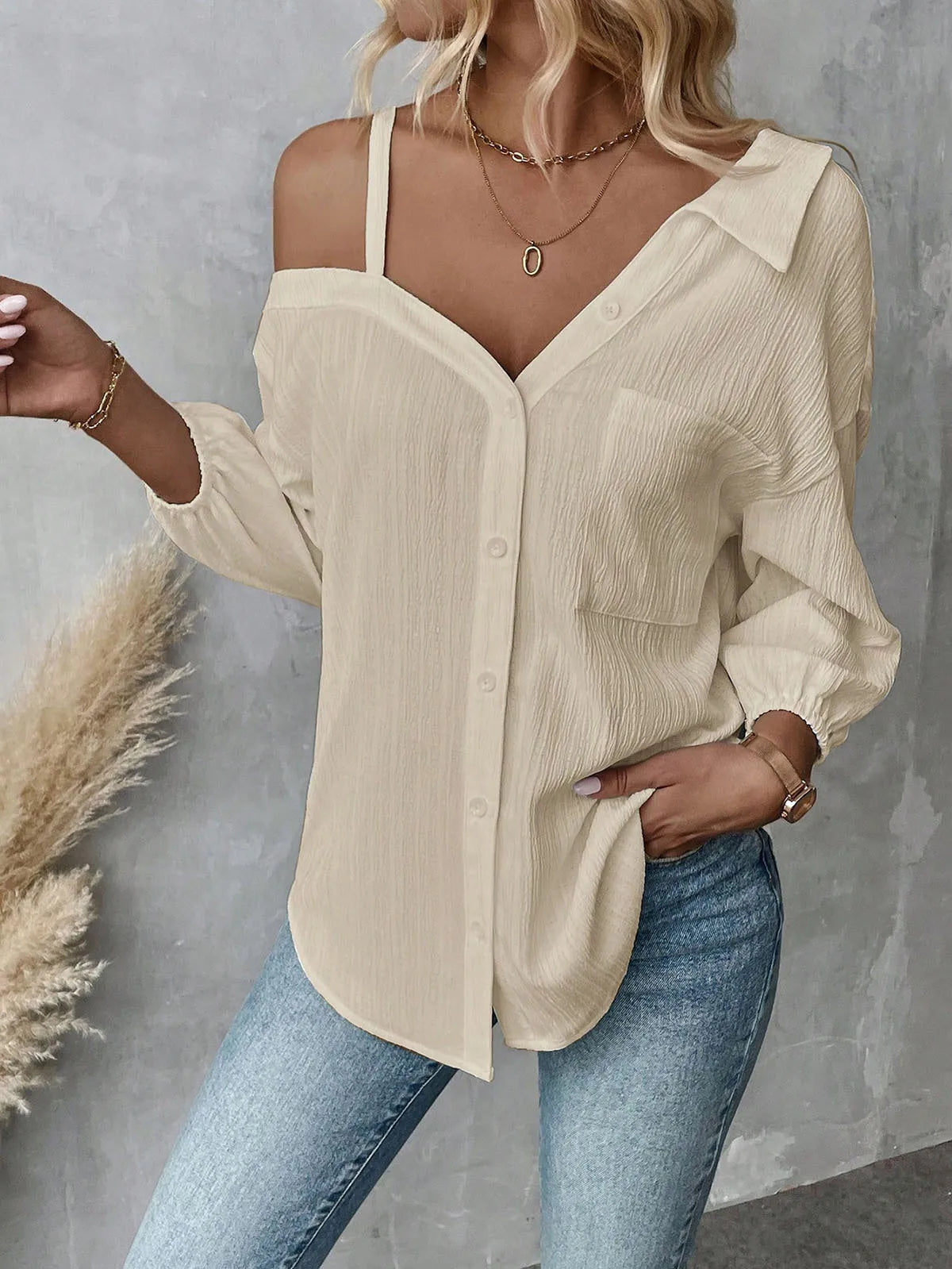 Chemise élégante pour femmes, épaules dénudées, trois quarts, chemisier sexy, décontracté, boutons unis, chemise ample, hauts de bureau pour femmes, streetwear, tuniques du S au XL MAEJORKEN