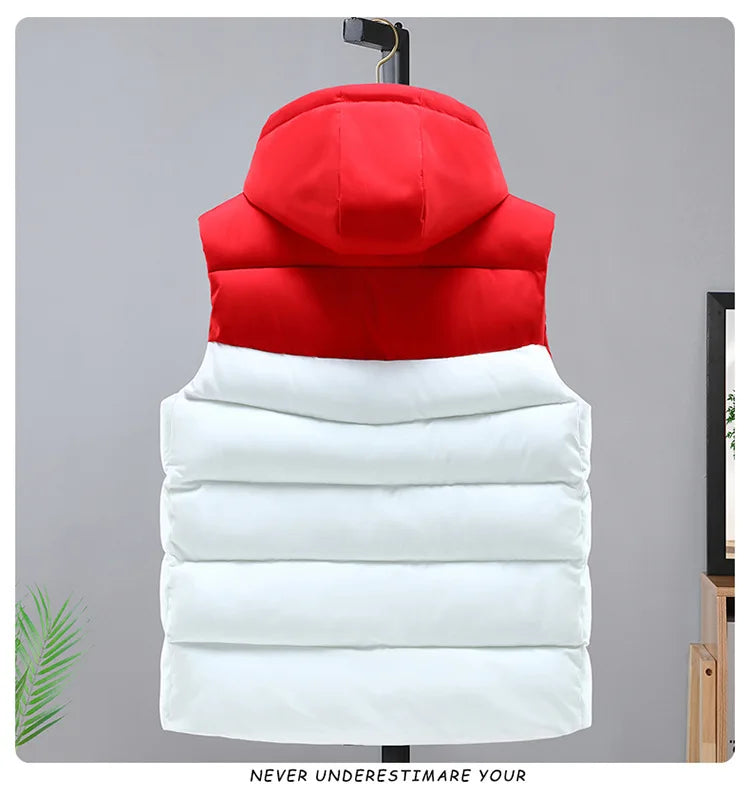 2025 hommes hiver épaissir vers le bas coton gilet épissure sans manches Parka veste décontracté coupe-vent chaud gilet hommes fermeture éclair vêtements d'extérieur à capuche MAEJORKEN