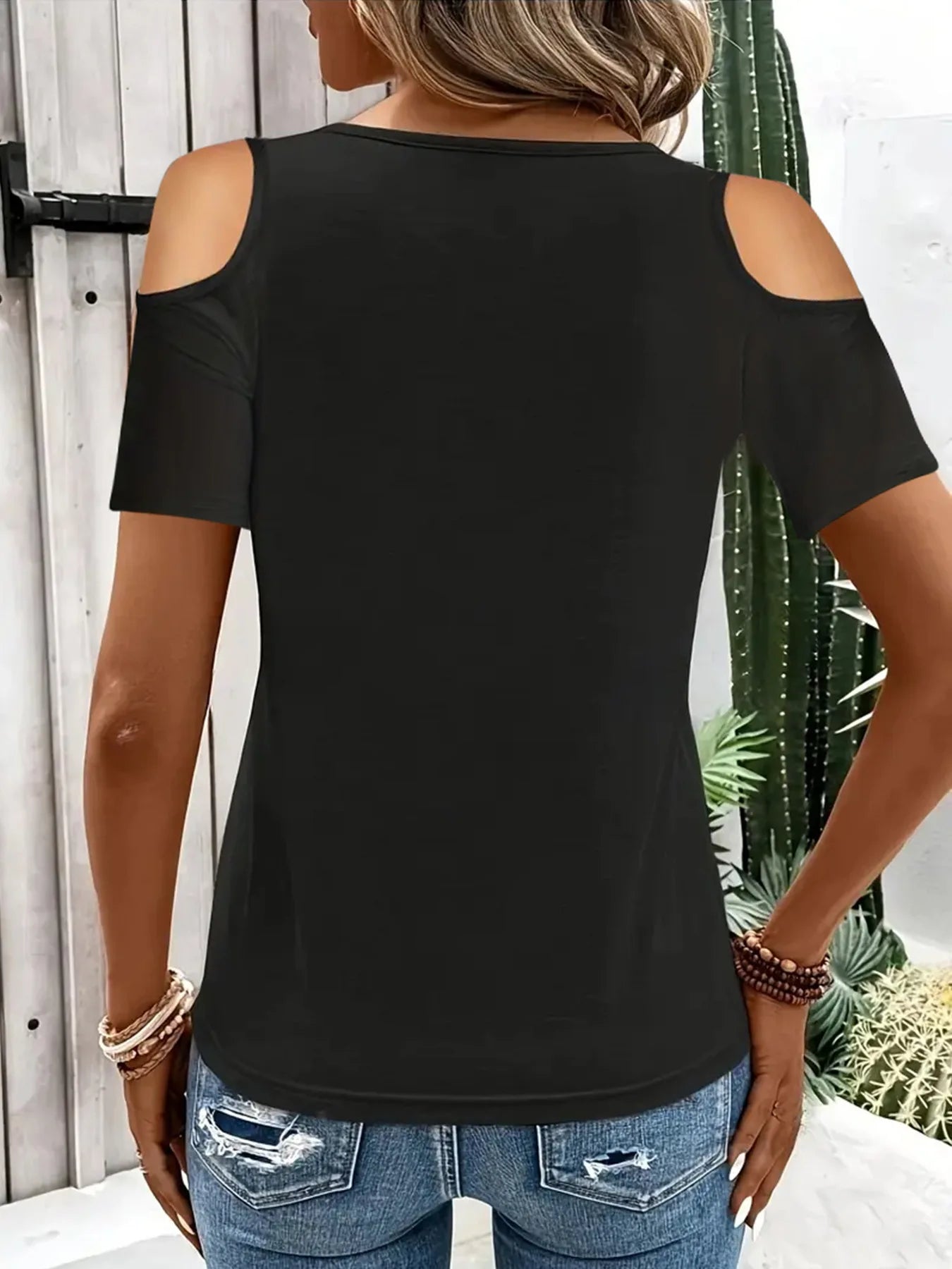 T-shirt à manches courtes décontracté épaules nues col en V couleurs unies du S au 2XL